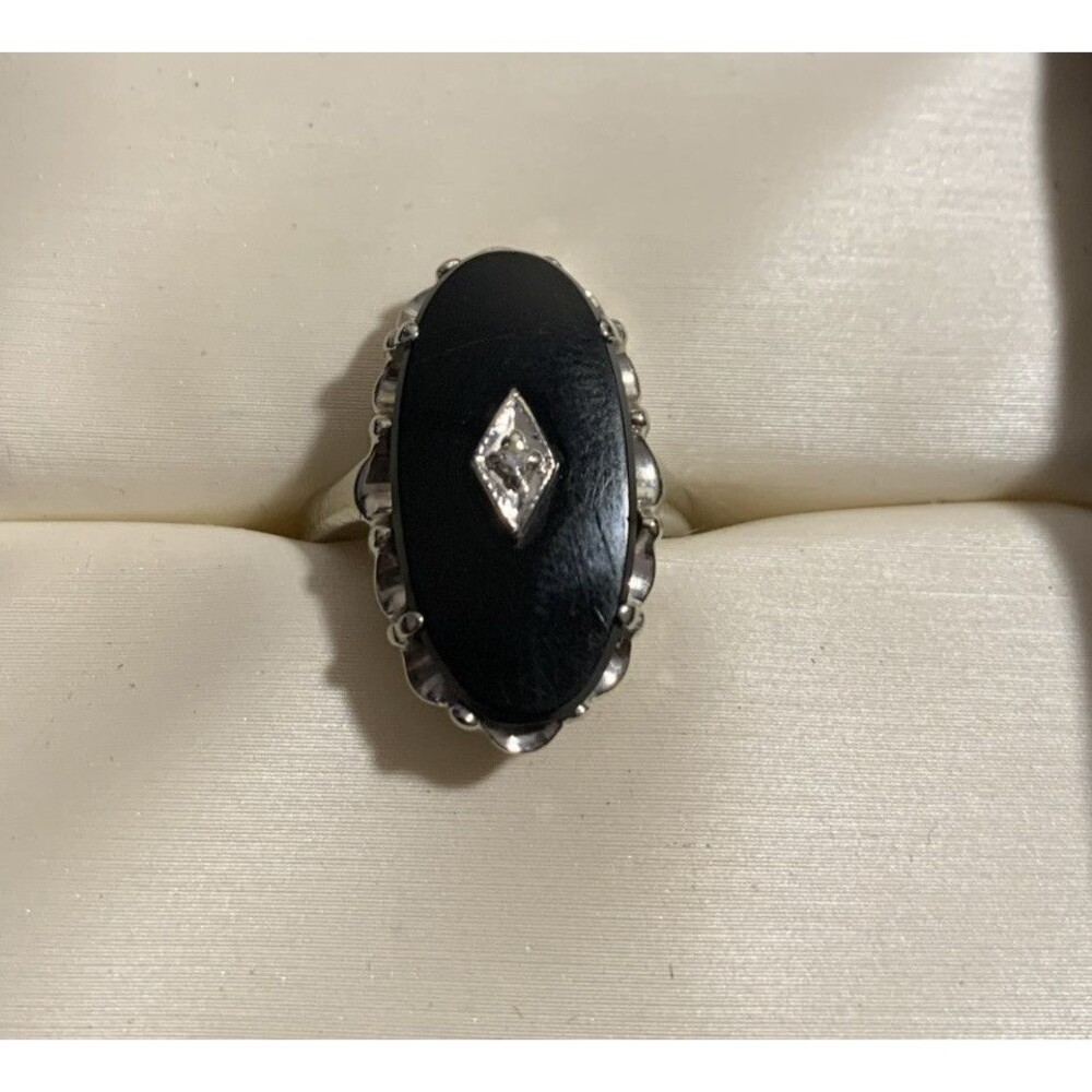 Art Deco Remus Black Onyx Diamond 10K White Gold Ring 4.75